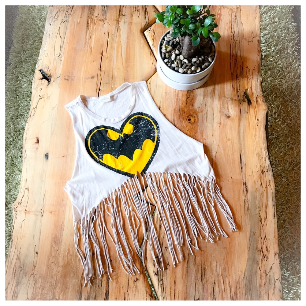 Cream Colored Bat Girl Logo Fringed Crop Top